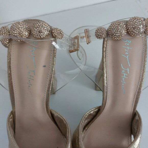 Betsey Johnson Gold Platform Heels 8.5 Rhinestone Glam Going Out Chunky Heel EUC - Picture 7 of 15